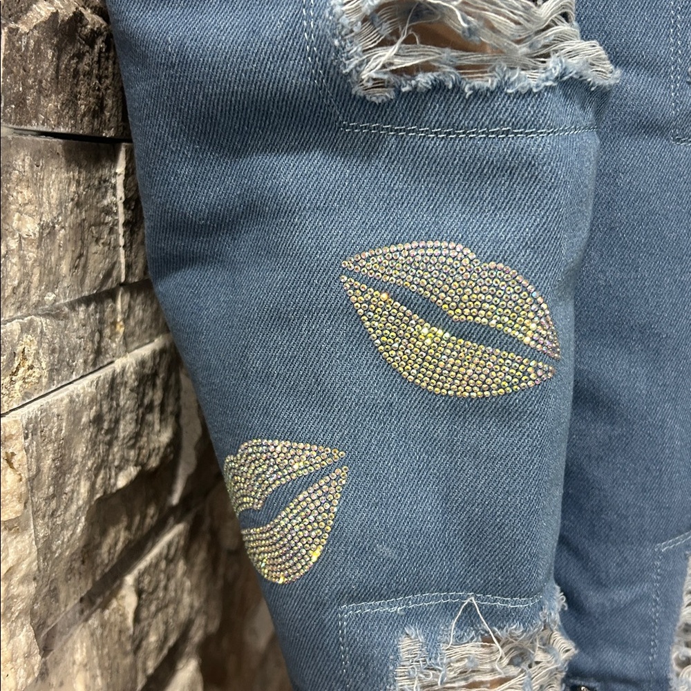 Barlan thigh-high blue distressed denim boots rhinestone lips. NIB size 7.5 - Picture 3 of 7